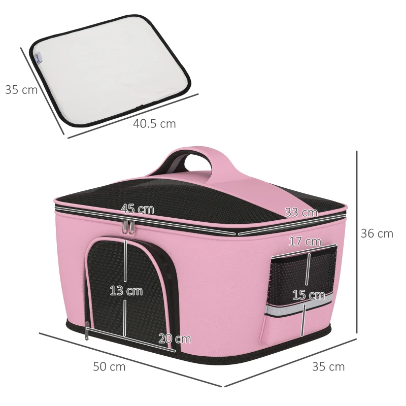 PawHut Geanta de transport pentru pisici si caini dotata cu 2 usi cu fermoar, sac cu buzunare si perna, 50x35x36cm, rosu