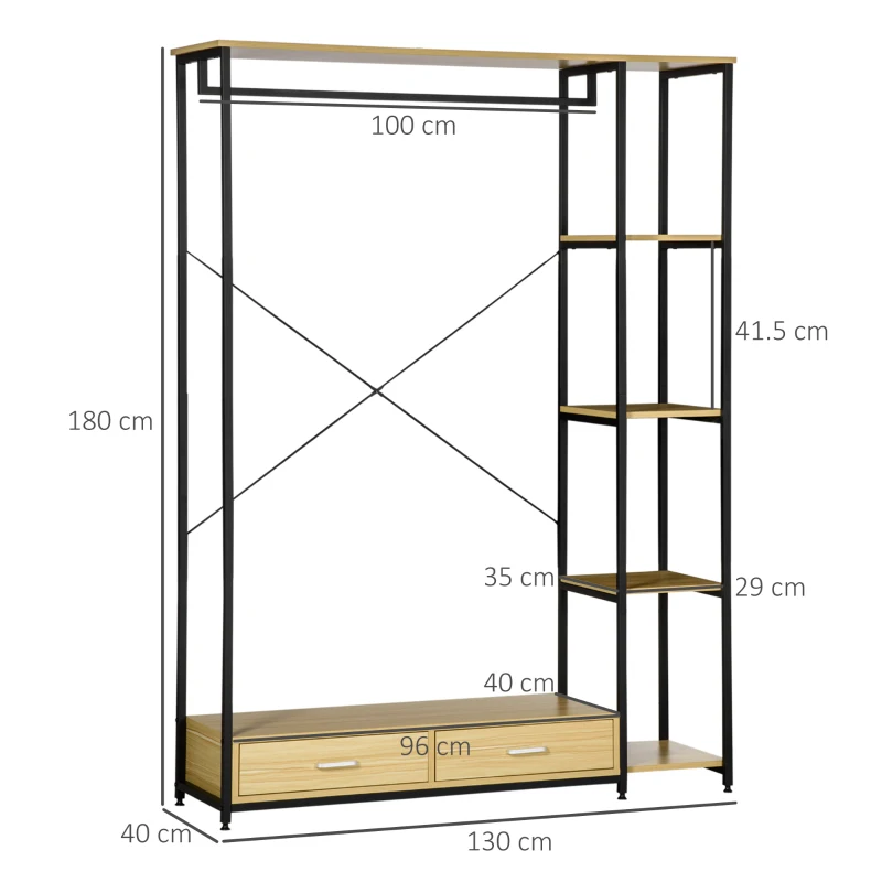 HOMCOM Raft pentru haine in stil industrial cu 2 sertare si 4 rafturi deschise furnizat, din otel si PAL, 130x40x180cm, lemn si culoare neagra
