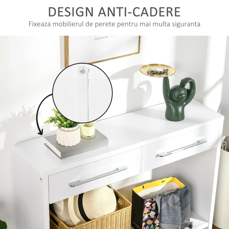 HOMCOM Masa consola din PAL  cu polita inferioara si 2 sertare cu maner, masa pentru hol, sufragerie si dormitor, 101,6x28x76,2 cm, alb