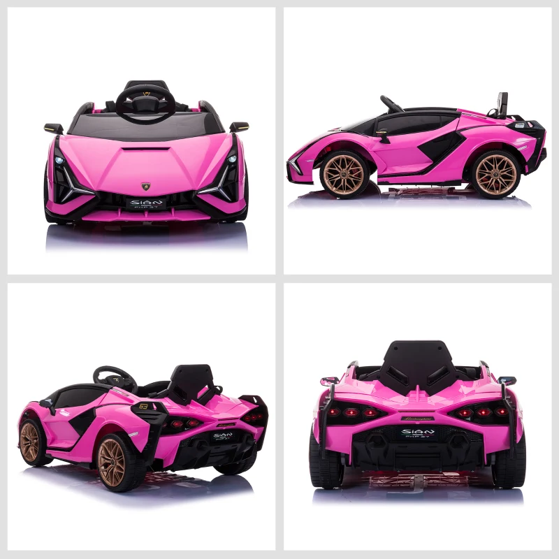 HOMCOM Carro Elétrico Lamborghini SIAN 12V para Crianças de 3-8 anos com Controle Remoto Abertura da Porta Música MP3 USB e Faróis 108x62x40cm Rosa
