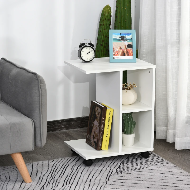 HOMCOM Masa Living cu 2 rafturi deschise si 4 roti pivotante, MDF, 45x35x58cm, alb