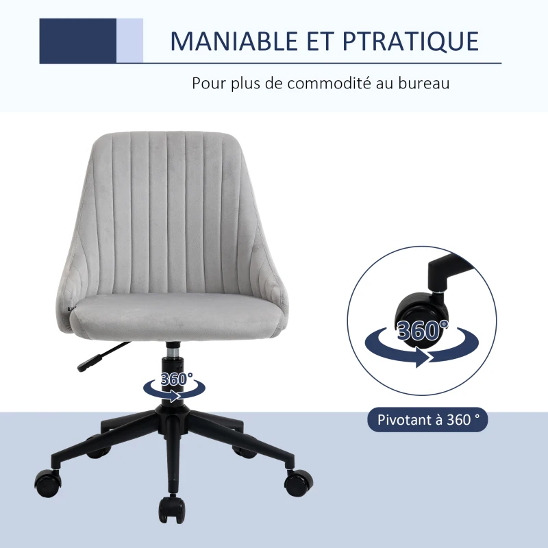 Vinsetto Chaise de bureau design contemporain pivotante 360° ergonomique dossier strié hauteur réglable revêtement velours 50 x 58 x 85 cm gris
