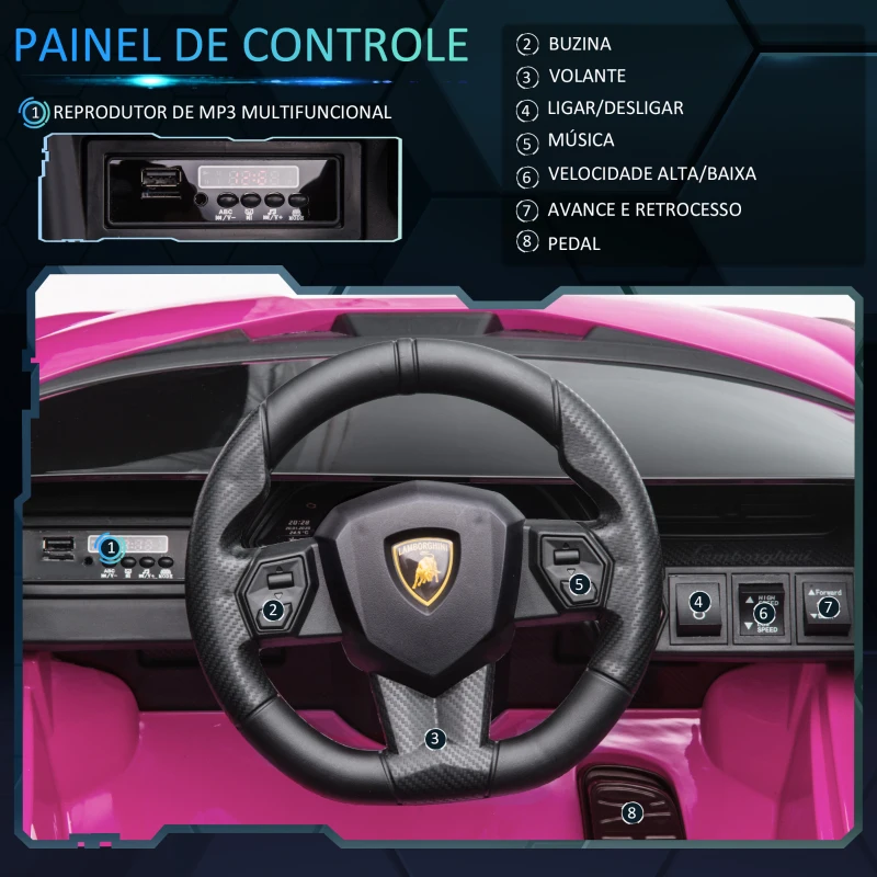 HOMCOM Carro Elétrico Lamborghini SIAN 12V para Crianças de 3-8 anos com Controle Remoto Abertura da Porta Música MP3 USB e Faróis 108x62x40cm Rosa