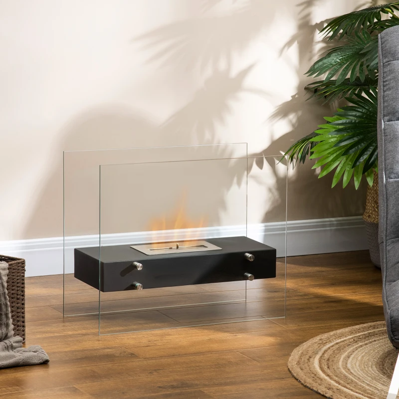 HOMCOM Semineu cu bioetanol din metal si sticla securizata cu ardere de 3 ore cu rezervor de 1,5 l si capac de 25 m², 60x26x50cm, negru