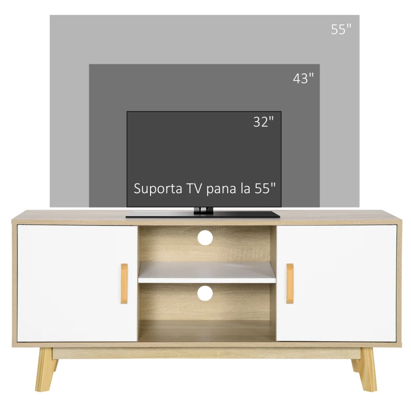 HOMCOM Dulap TV Modern , Suport TV cu rafturi de depozitare si usi pentru televizoare de 55" pentru living, dormitor, natural