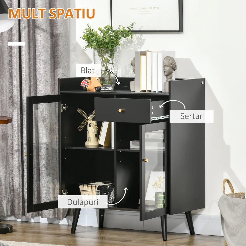 HOMCOM Dulap cu doua usi cu raft reglabil, blat si spatii deschise din MDF si lemn, 80x40x94,3 cm, negru