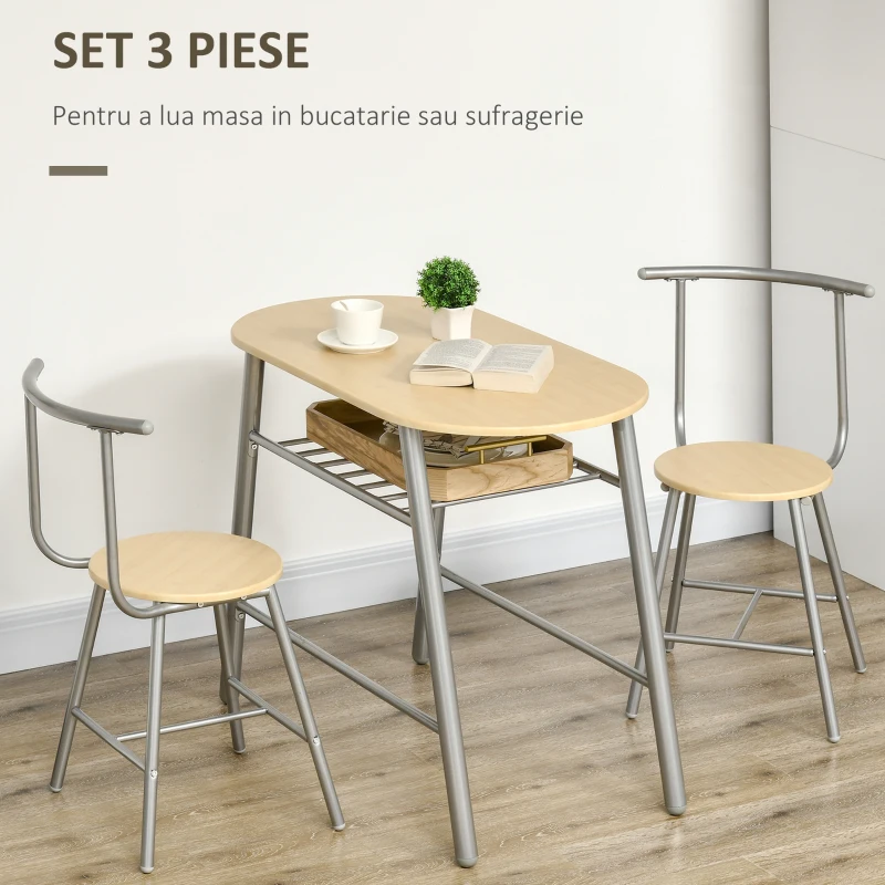 HOMCOM Set de luat masa cu 3 piese pentru economisirea spatiului, cu masa ovala cu raft si 2 scaune din MDF si otel, din lemn si de culoare argintie