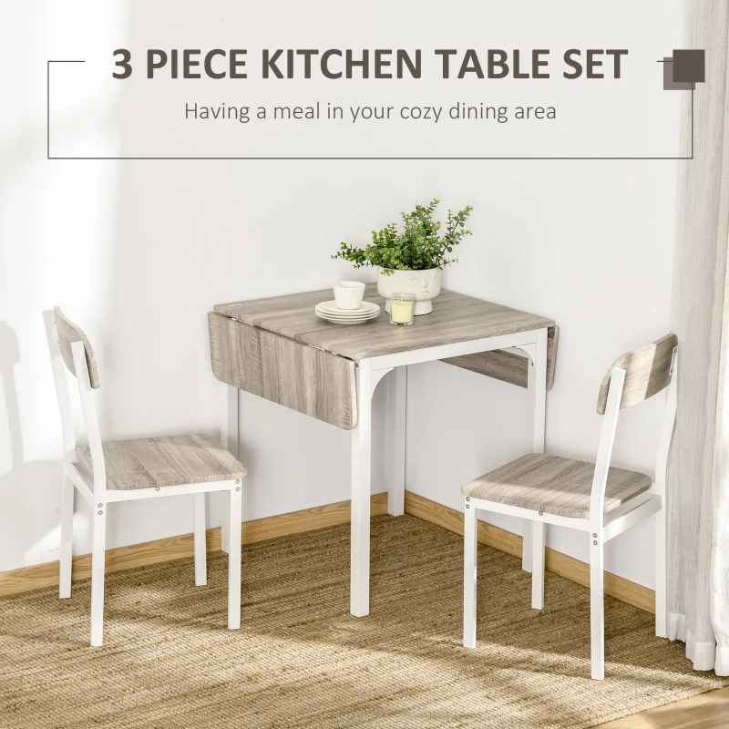 HOMCOM Set masa si 2 scaune pentru bucatarie  pliabile din lemn si otel, culoare Lemn natural, alb