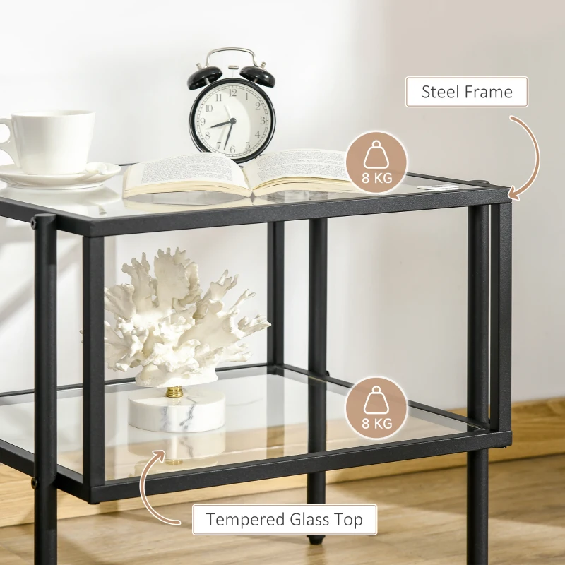 HOMCOM Masuta de cafea stil minimalist cu 2 niveluri, sticla temperata, 54x44x45.5cm, negru