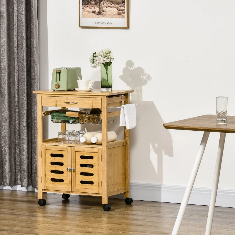 HOMCOM Carucior de bucatarie u sertar, dulap si cos extras, carucior din lemn cu roti pivotante din lemn, 66x36x79cm