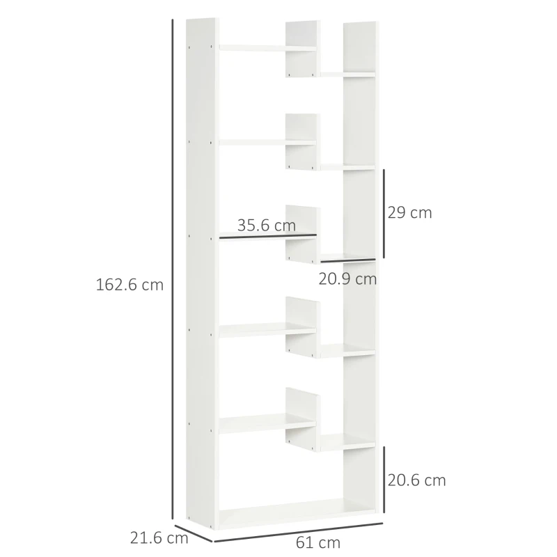 HOMCOM Biblioteca moderna cu 6 etaje cu 11 rafturi deschise din MDF si PAL, mobilier biblioteca pentru studiu si sufragerie, 61x21,6x162,6 cm, alb