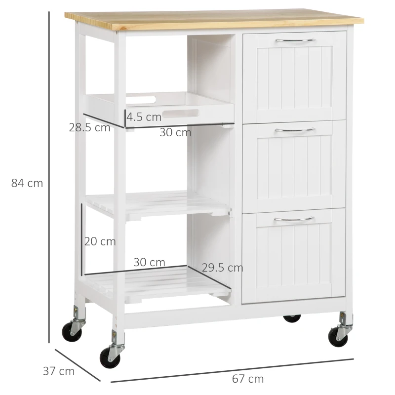 HOMCOM Carucior de bucatarie cu 3 sertare, 2 rafturi deschise si tava detasabila, din MDF si lemn de pin, 67x37x84cm, culoare lemn si alb