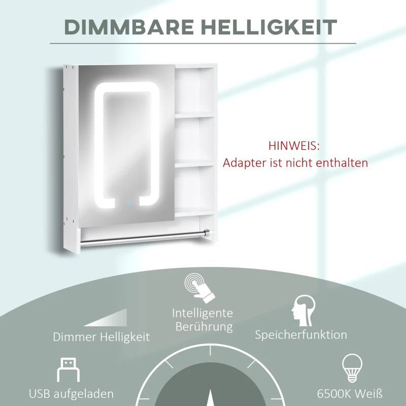 kleankin Spiegelschrank Badschrank mit LED-Beleuchtung Touch-Steuerung Handtuchhalter Weiß 60 x 15 x 69cm