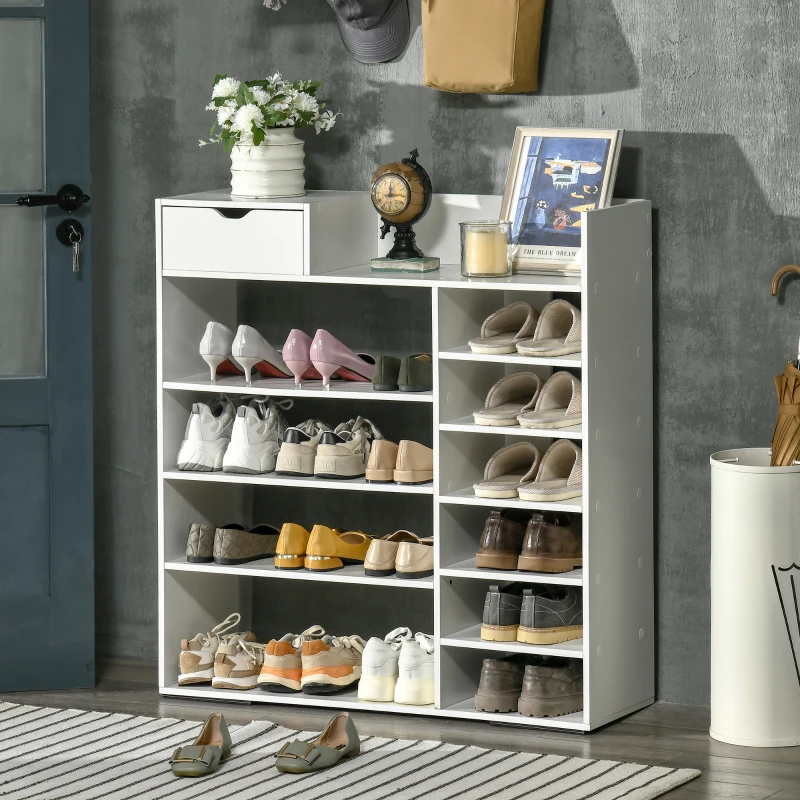 HOMCOM Dulap de pantofi cu rafturi si sertar pentru 12 pantofi, dulap de pantofi din lemn pentru intrare si dormitor, 88x30x93cm, alb