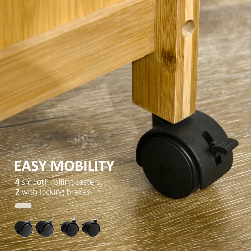 HOMCOM Carucior de bucatarie u sertar, dulap si cos extras, carucior din lemn cu roti pivotante din lemn, 66x36x79cm