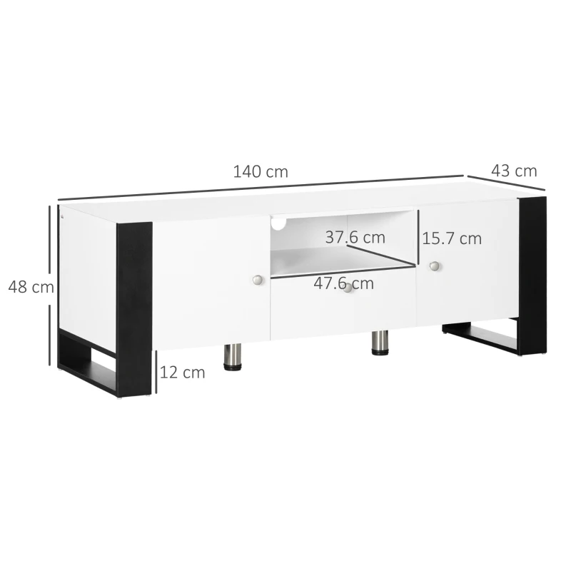 HOMCOM Dulap TV modern cu dulapuri, sertar si polita, dulap joasa din lemn pentru TV pana la 65", 140x43x48cm, alb-negru