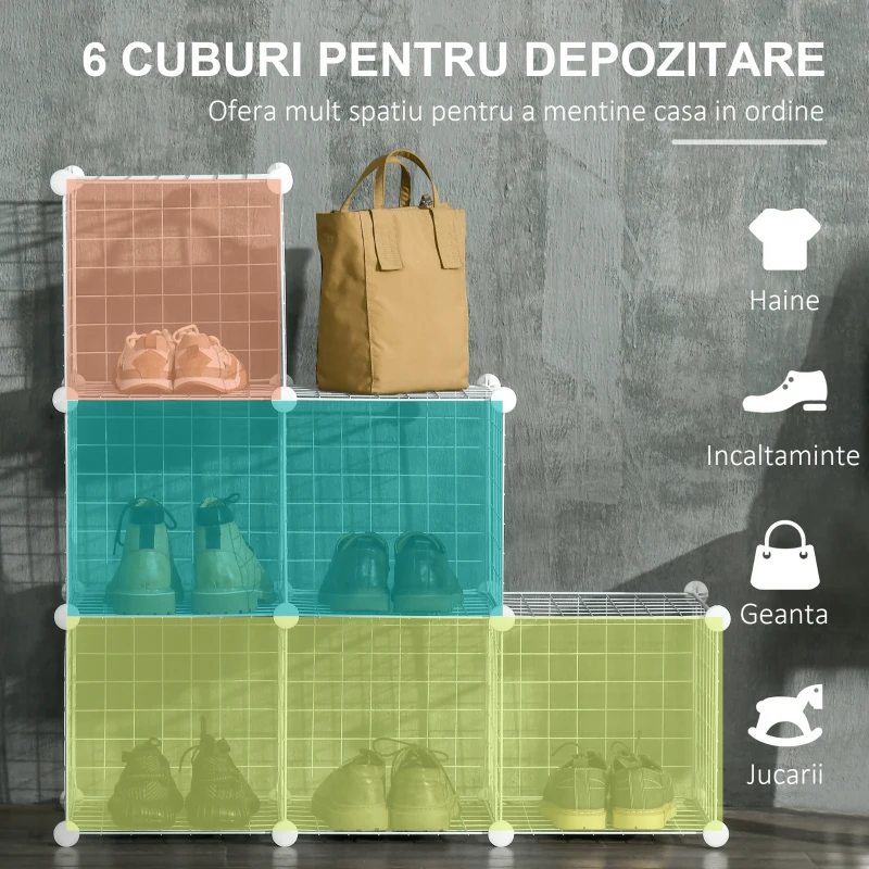 HOMCOM Mobilier pentru incaltaminte modular, 6 cuburi 30x30x30cm din plastic PP si otel , alb