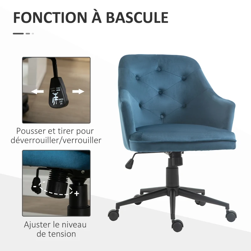Vinsetto Chaise de bureau fauteuil de bureau ergonomique hauteur réglable pivotante à 360° revêtement velours grand confort 63 x 64 x 96 cm bleu