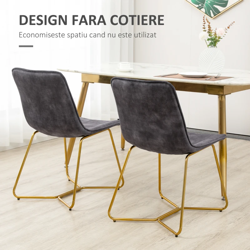 HOMCOM Set de 2 scaune de sufragerie si de lounge fara cotiere, scaune tapitate din catifea cu picioare aurii, gri