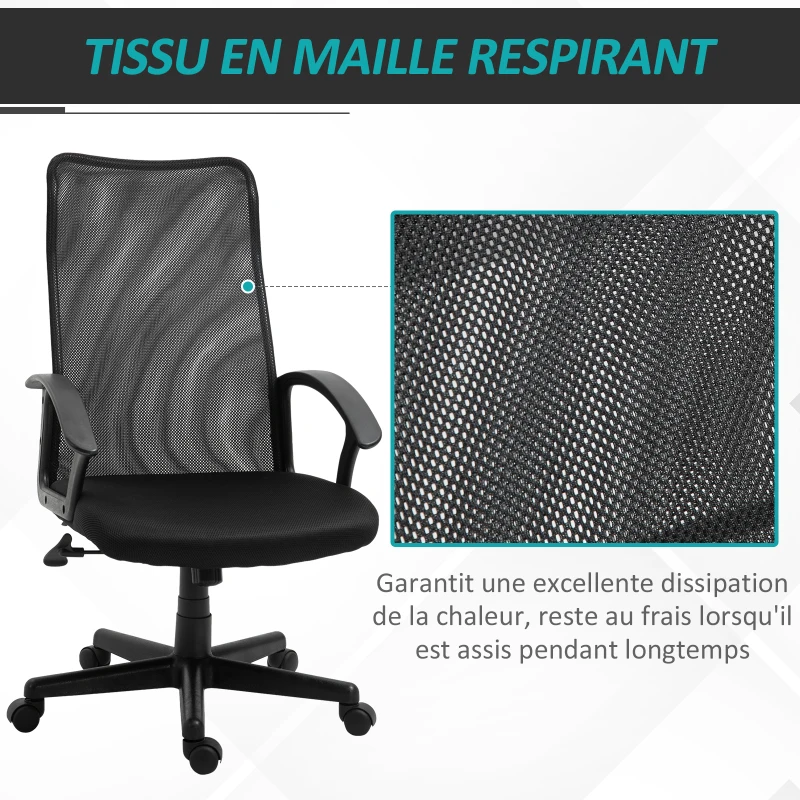 HOMCOM Fauteuil de bureau ergonomique - chaise de bureau - pivotant, hauteur réglable - tissu maille noir