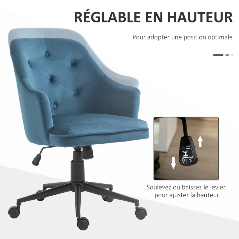 Vinsetto Chaise de bureau fauteuil de bureau ergonomique hauteur réglable pivotante à 360° revêtement velours grand confort 63 x 64 x 96 cm bleu