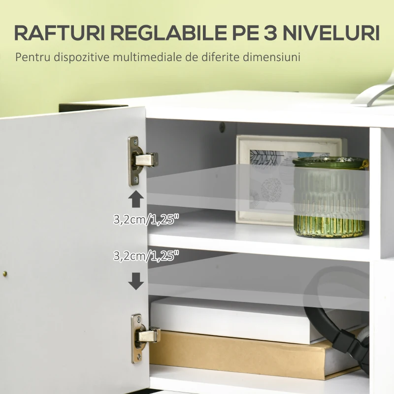 HOMCOM Dulap TV modern cu dulapuri, sertar si polita, dulap joasa din lemn pentru TV pana la 65", 140x43x48cm, alb-negru