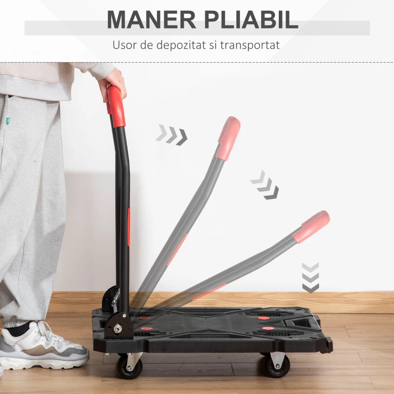 DURHAND Carucior pliabil pentru transport din otel si PP cu 4 roti, suporta o greutate maxima de 150kg, 70 x52.5x90cm, Negru si Rosu