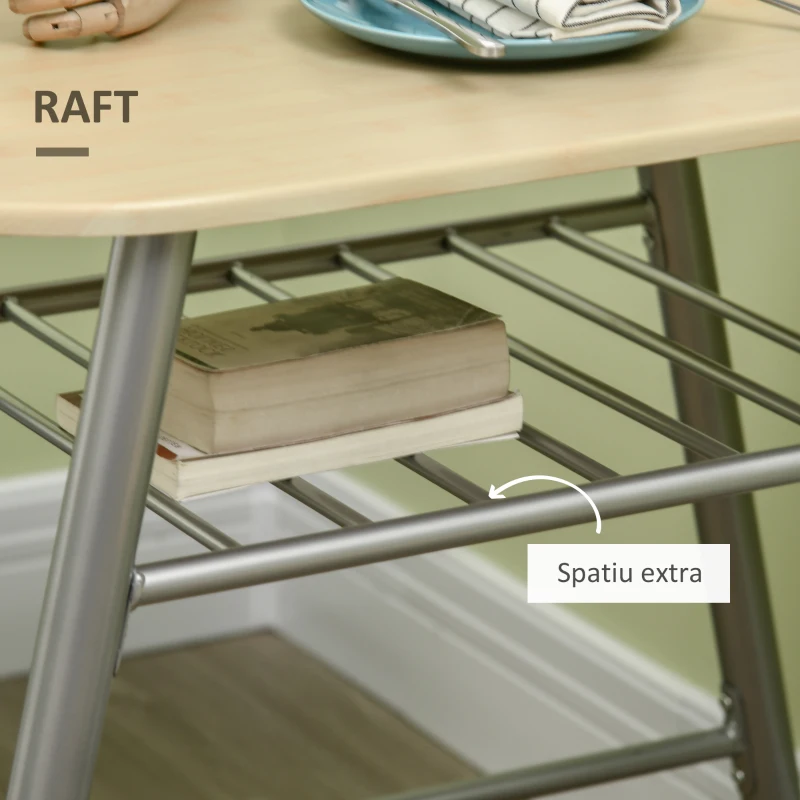 HOMCOM Set de luat masa cu 3 piese pentru economisirea spatiului, cu masa ovala cu raft si 2 scaune din MDF si otel, din lemn si de culoare argintie