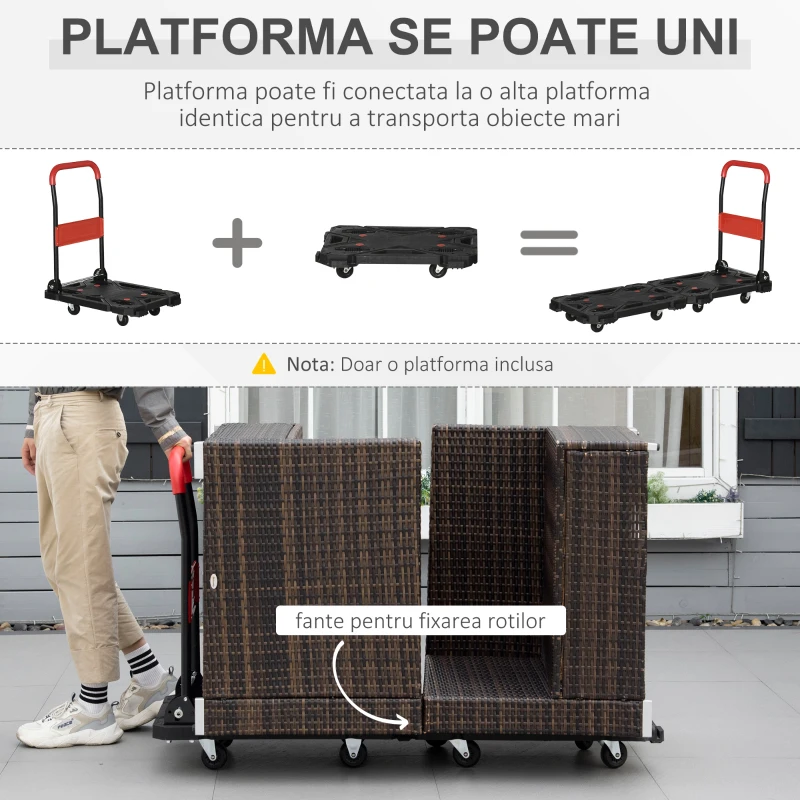 DURHAND Carucior pliabil pentru transport din otel si PP cu 4 roti, suporta o greutate maxima de 150kg, 70 x52.5x90cm, Negru si Rosu