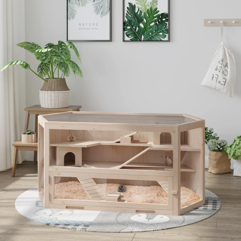 PawHut Gaiola de Madeira para Hámster Gaiola para Roedores e Animais Pequenos de 3 Níveis 115x60x55 cm Madeira