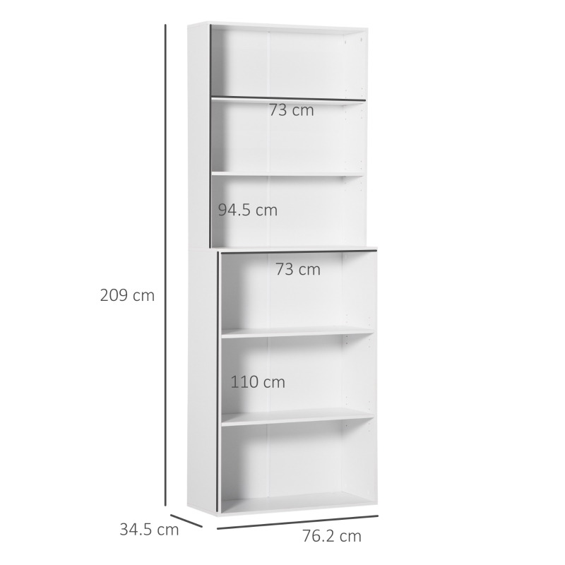 HOMCOM Biblioteca rafturi din lemn cu 6 rafturi, dulap cu rafturi reglabile pentru living si dormitor, 76,2x34,5x209cm, alb