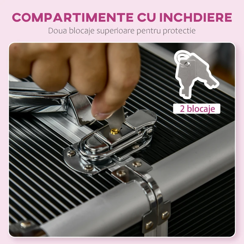 HOMCOM Valiza de make-up profesional din aluminiu si otel armat, cu incuietoare cu 2 chei si roti, negru 36x23x58cm