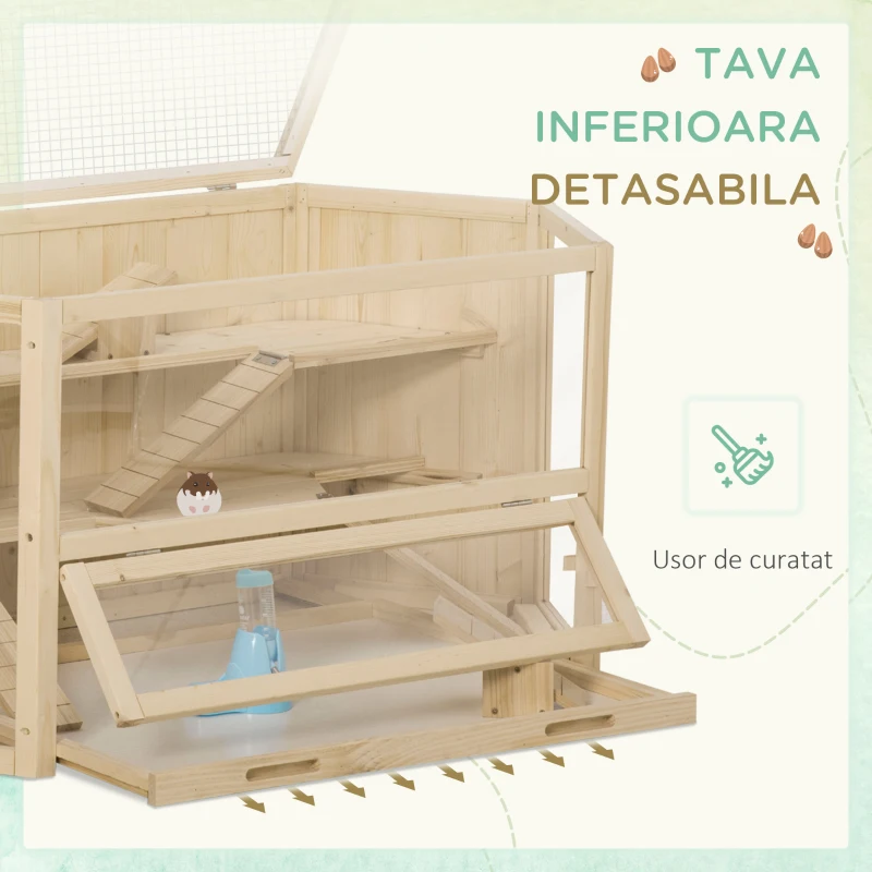 PawHut Cusca Hamster Lemn – 3 Niveluri, Acoperis Deschidere 115×60×55 cm