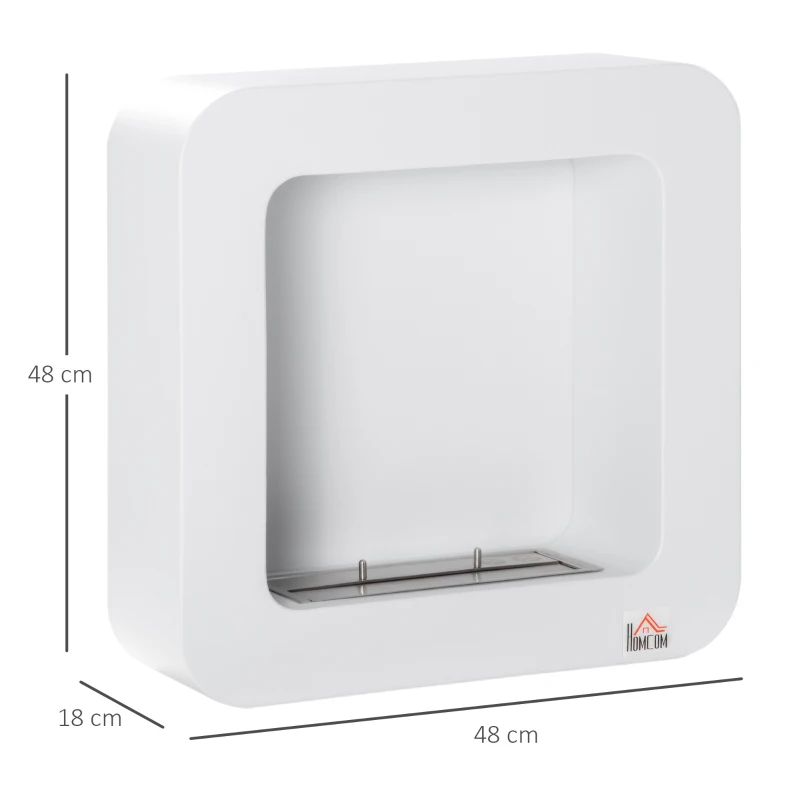 HOMCOM Semineu cu bioetanol montat pe perete , din metal, ardere de 2,5 ore, cu rezervor de 1 l si capac de 20 m², 48x18x48cm, alb
