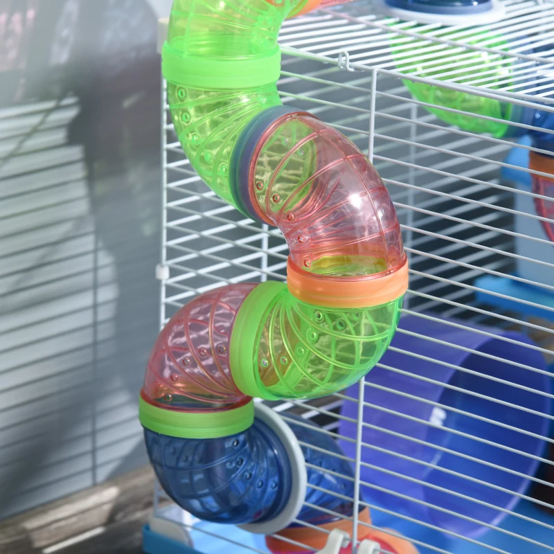 PawHut Cușcă pentru Hamster cu 2 Niveluri, Rezervor de Apă, Tavă Detașabilă, Tunel și Roată, 46x30x37cm, Albastru
