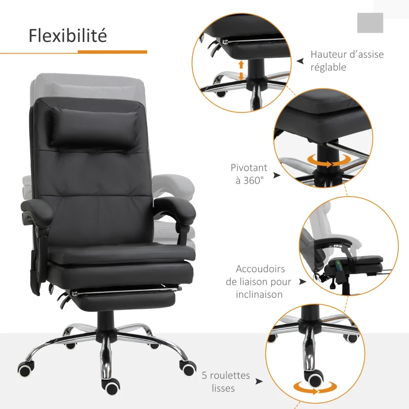 Vinsetto Fauteuil de bureau massant chaise ergonomique avec repose-pieds et repose-tête hauteur réglable dossier inclinable télécommande 67 x 70 x 112-120 cm noir
