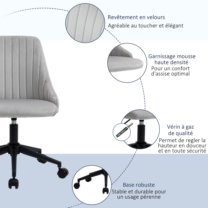 Vinsetto Chaise de bureau design contemporain pivotante 360° ergonomique dossier strié hauteur réglable revêtement velours 50 x 58 x 85 cm gris