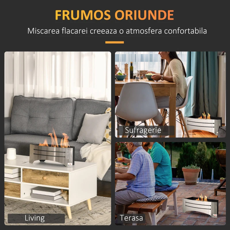 HOMCOM Semineu de masa cu bioetanol din otel inoxidabil, ardere 3 ore cu rezervor de 1,5 l si capac de 25 m², 45x18x17 cm, argintiu