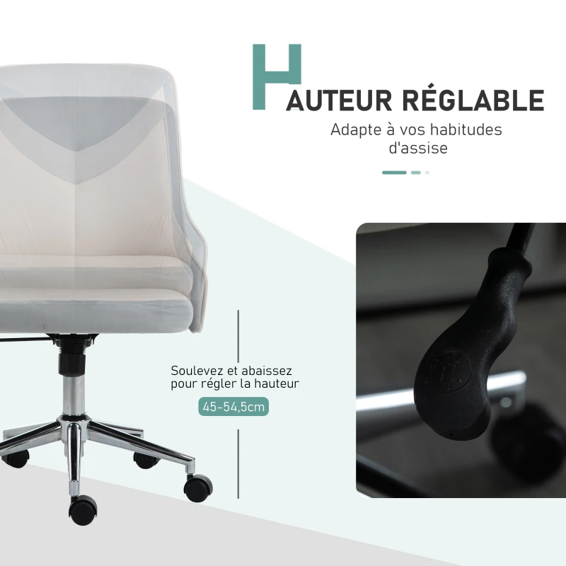 Vinsetto Chaise de bureau design contemporain hauteur réglable pivotant 360° piètement chromé velours bicolore crème gris clair