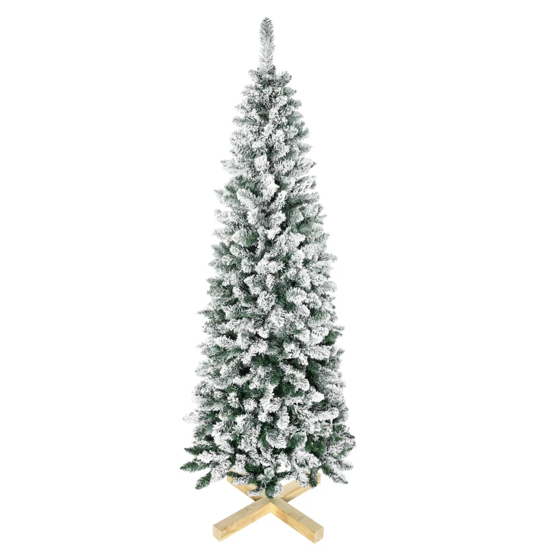 HOMCOM 6 Ft Snow Flocked Artificial Christmas Tree, Xmas Pencil Tree with Realistic Branches, Auto Open, Pinewood Base, Green