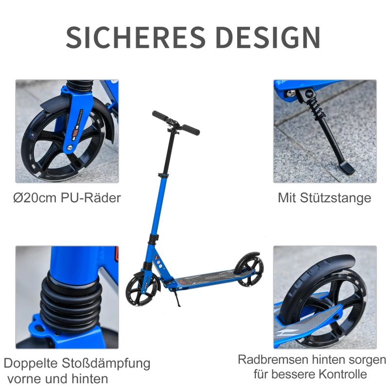 HOMCOM® Kinderroller Scooter Tretroller mit beleuchteten Rädern für 14+ faltbar Blau
