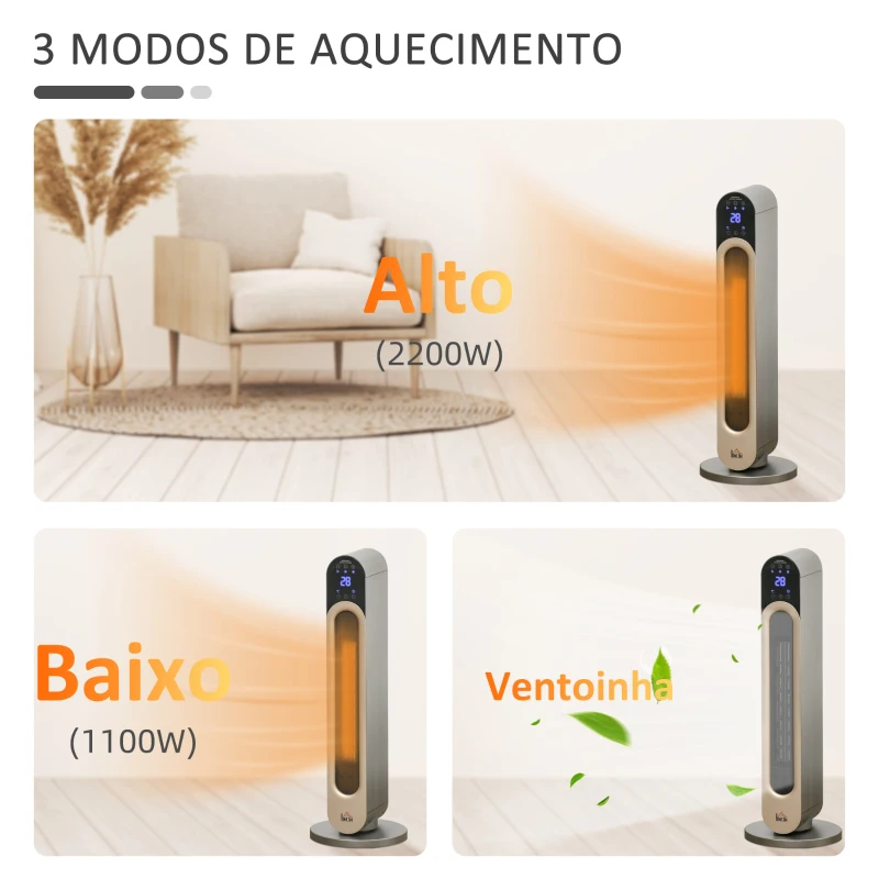 HOMCOM Aquecedor Cerâmico de Torre 1100/2200W com Controlo Remoto Ecrã LED Temporizador de 12h Termostato 3 Modos Ø25x73,5 cm Prata