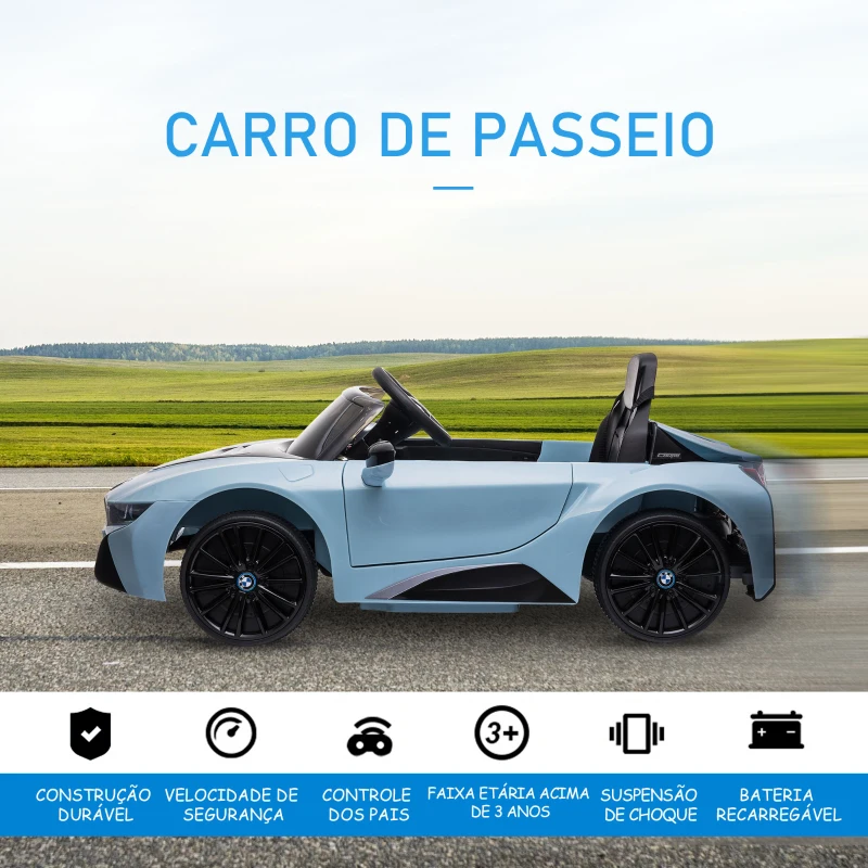 HOMCOM Carro Elétrico BMW I8 COUPE para Crianças com Bateria 6V Controlo Remoto e Manual Música MP3 e Faróis 115x72,5x46 cm Azul