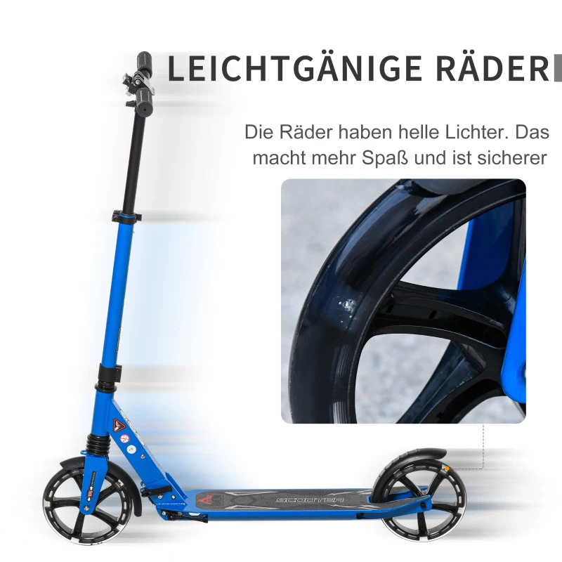 HOMCOM® Kinderroller Scooter Tretroller mit beleuchteten Rädern für 14+ faltbar Blau