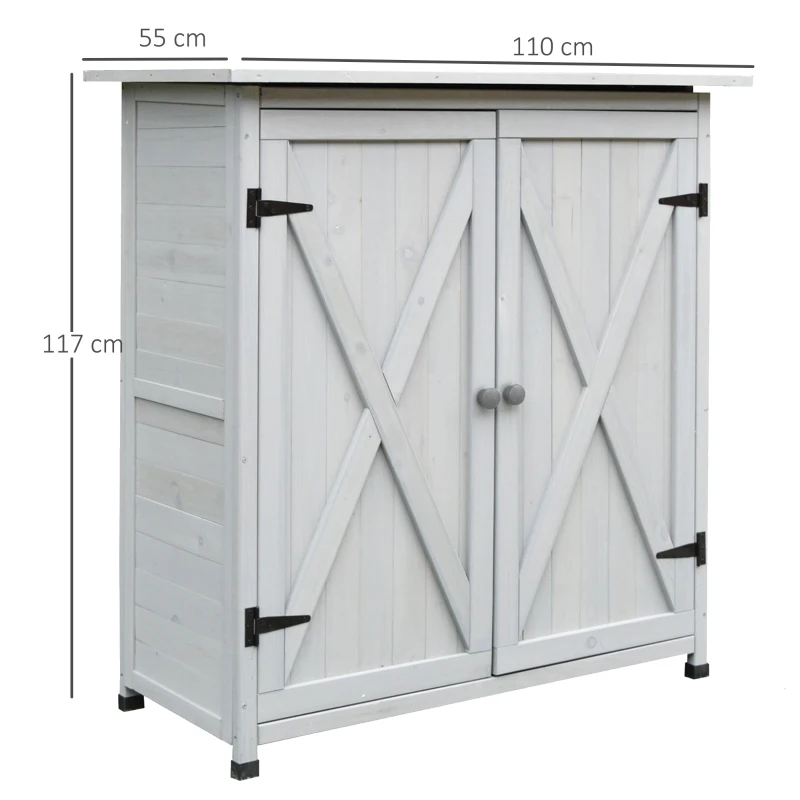 Outsunny Gartenschrank Holz, Geräteschuppen wetterfest 110 x 55 x 117 cm, Gerätehaus mit Tür, Pultdach, Ablagen, Geräteschrank, Gartenhaus Werkzeugschrank Gartenschuppen für Garten Terrasse Grau