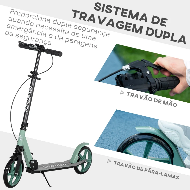 HOMCOM Trotinete Dobrável com Guiador Ajustável Rodas Grandes de 200mm Amortecimento e Travão Carga Máxima 100kg 91,5x36,5x91-104cm Verde