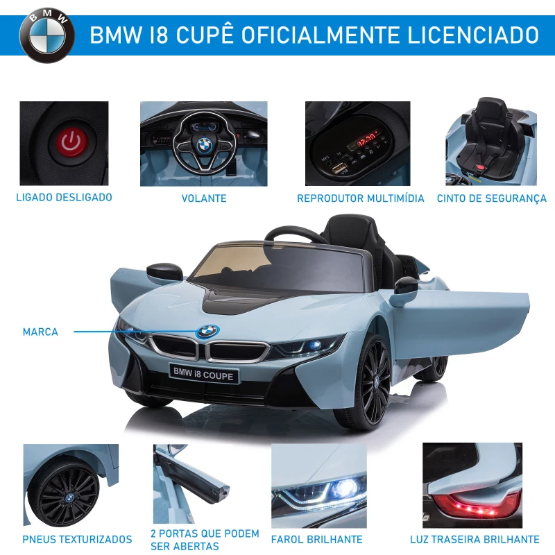 HOMCOM Carro Elétrico BMW I8 COUPE para Crianças com Bateria 6V Controlo Remoto e Manual Música MP3 e Faróis 115x72,5x46 cm Azul