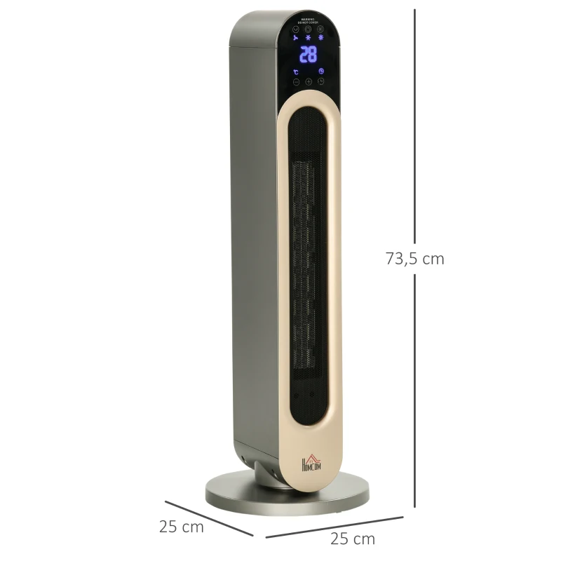 HOMCOM Aquecedor Cerâmico de Torre 1100/2200W com Controlo Remoto Ecrã LED Temporizador de 12h Termostato 3 Modos Ø25x73,5 cm Prata