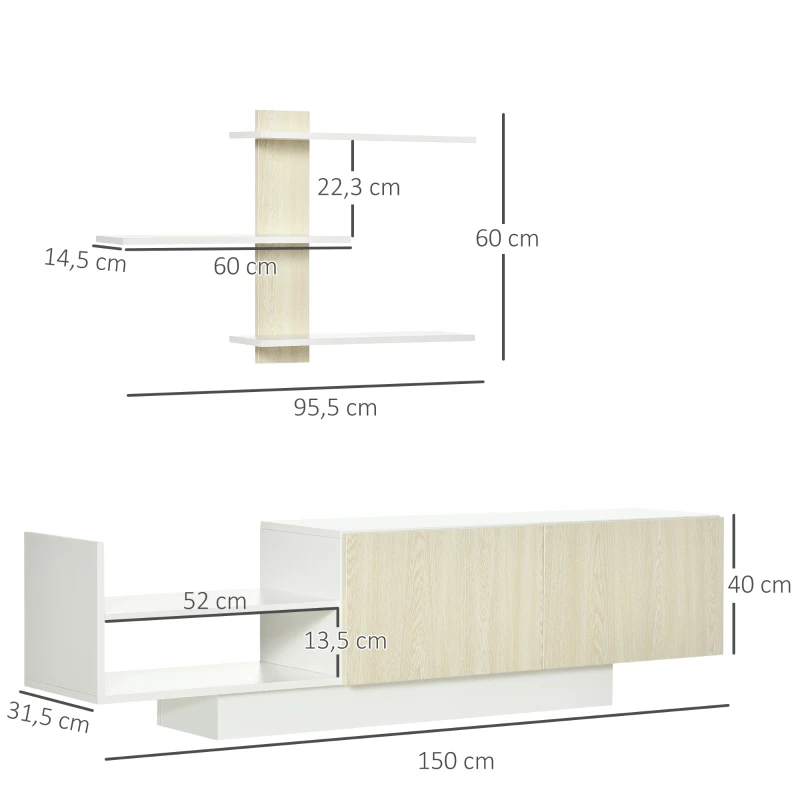 HOMCOM Móvel de TV para Sala de Estar Móvel para Televisores 150x31,5x40cm e Prateleira de Parede 95,5x16x60cm Madeira e Branco