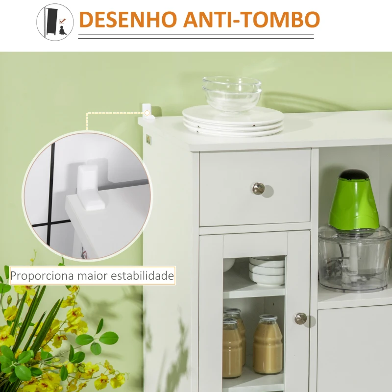 HOMCOM Aparador Moderno com Porta de Vidro Gaveta Prateleira Aberta e Prateleiras Ajustáveis Móvel Auxiliar 80x30x82cm Branco